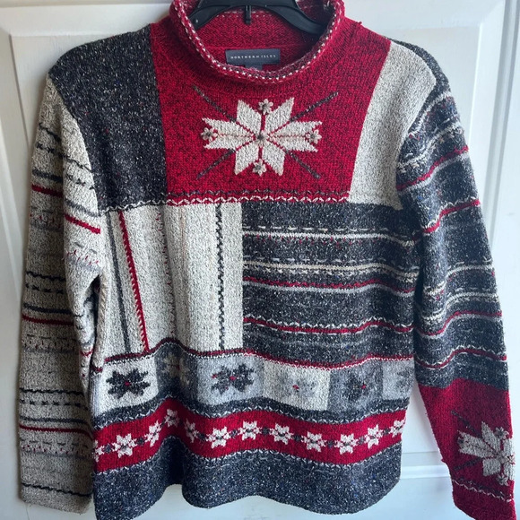 Northern Isles Red/grey/cream Knit Wool Blend Mock Neck Winter Sweater S/P‎ - Picture 1 of 8